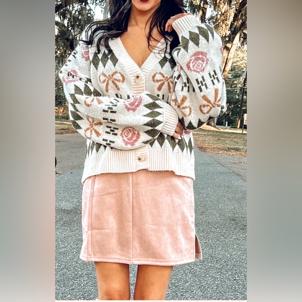 Women’s Floral Bow Rose Knit  Patterned Cardigan Sweater Cottagecore Boho SMALL